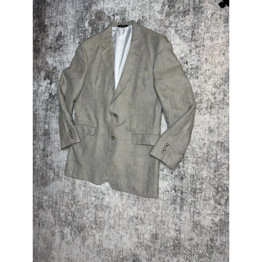 Jos A. Bank Men's Brown Herringbone Plaid Silk Wool Linen Suit Blazer Jacket 44L